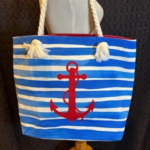 Beach Bag Nautical Summer Blue Tote Stripes W/ Anchor Faux Rope Handles Pocket